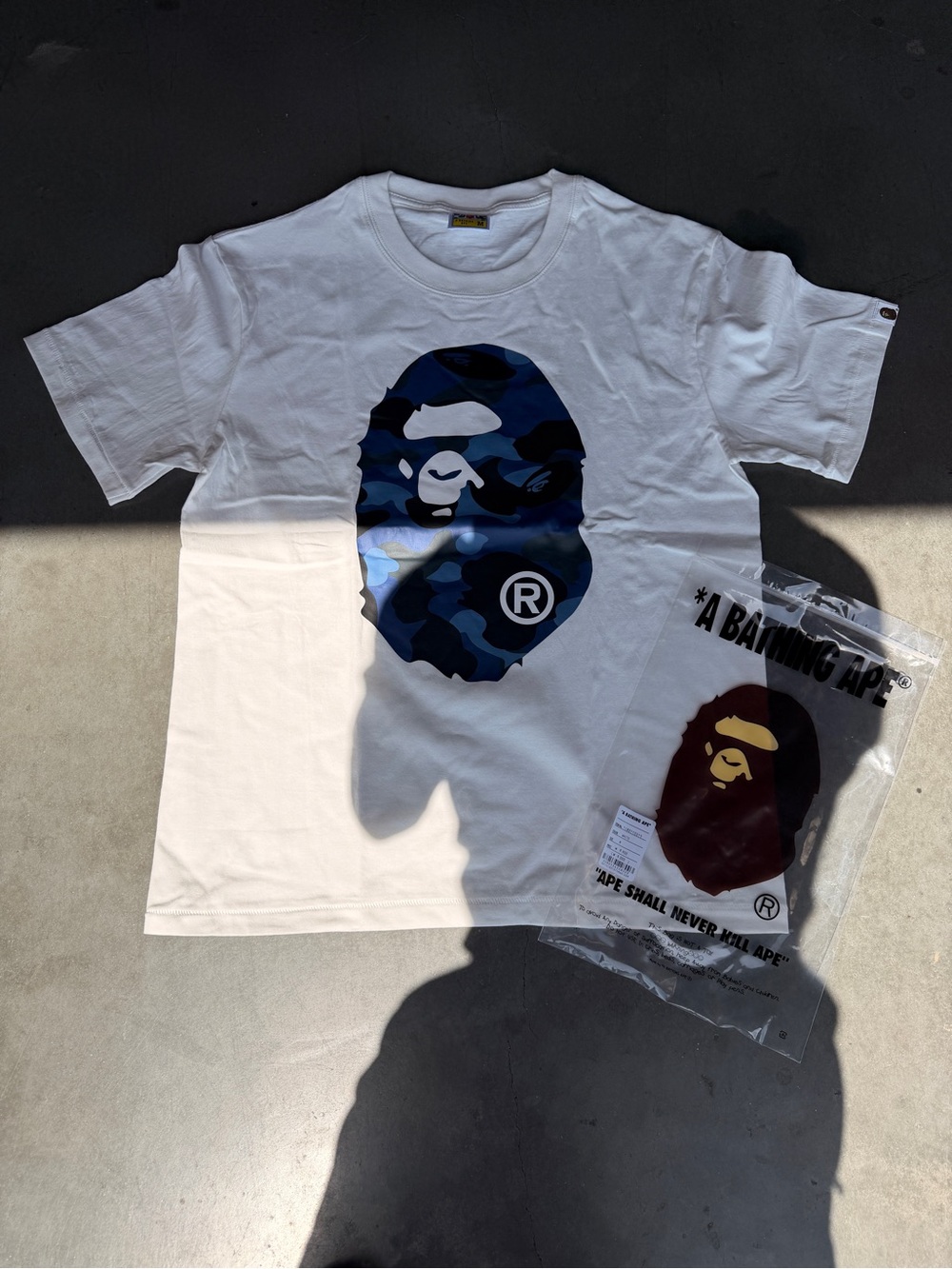 Bape White Tee with Blue Camouflage Ape Head